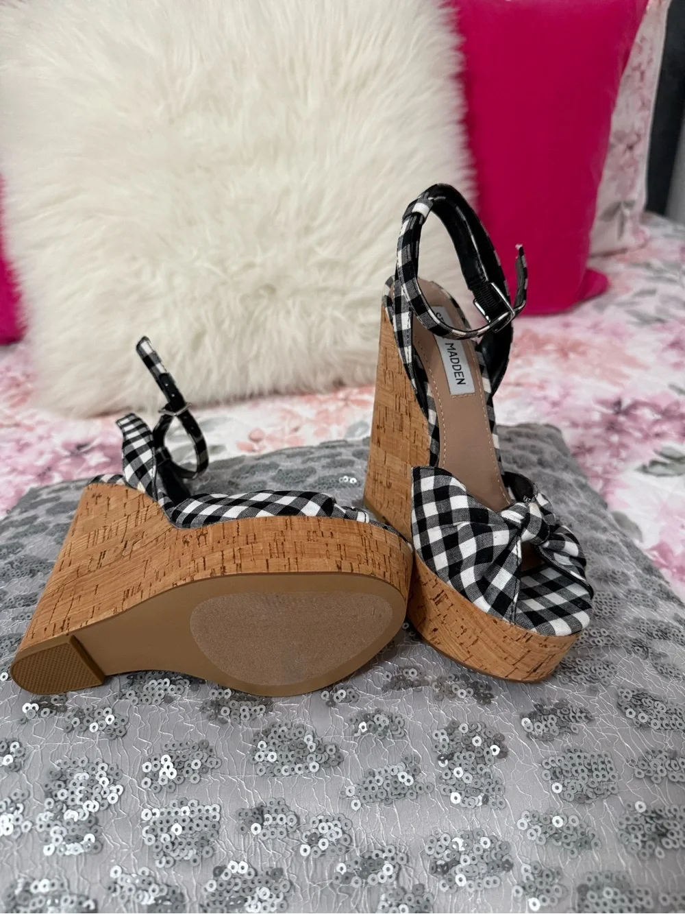 Steve Madden Black & White Gingham Cork Platform Wedges